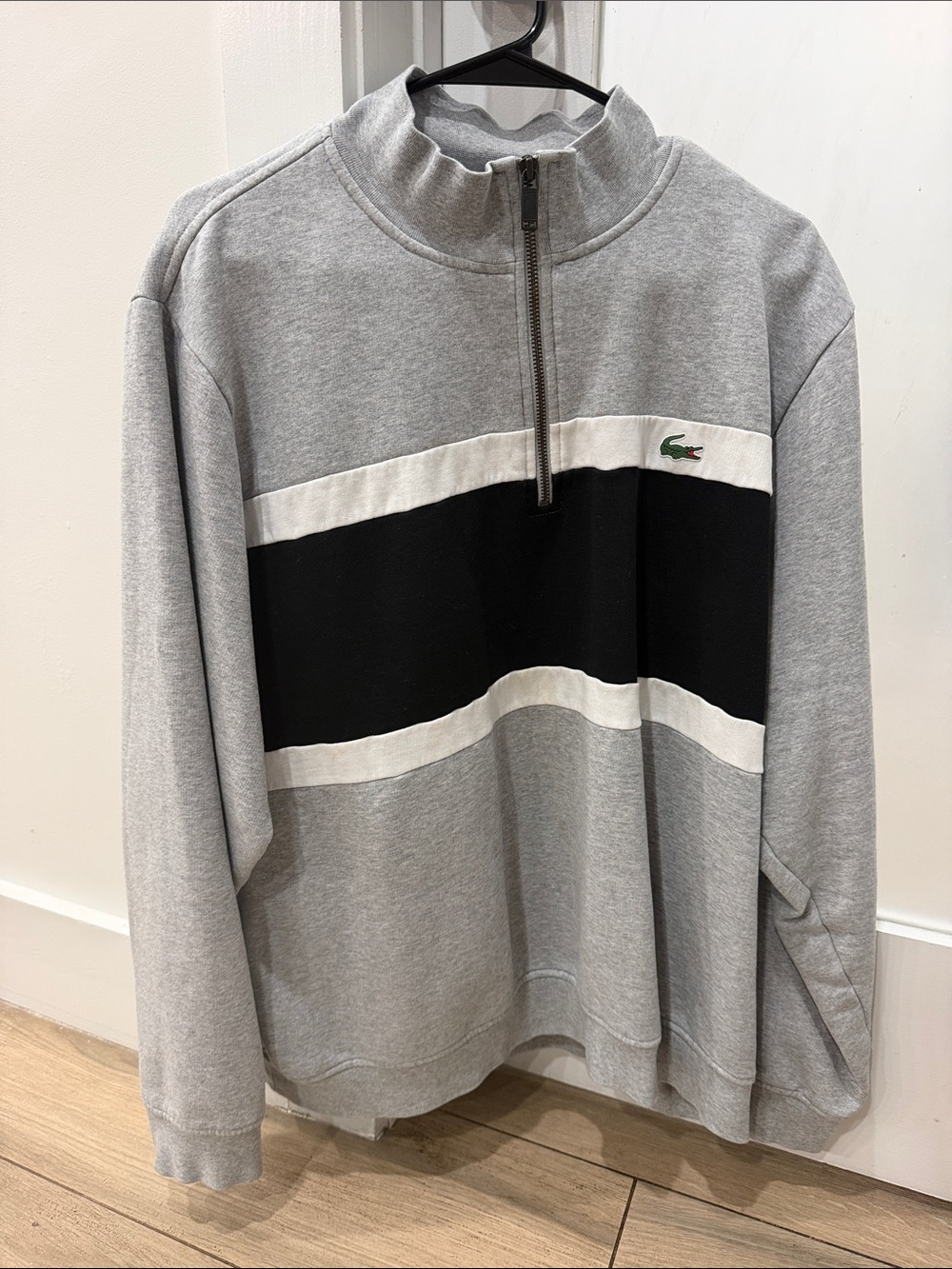 Lacoste Men’s Grey Half-Zip Sweater with Black & White Stripes